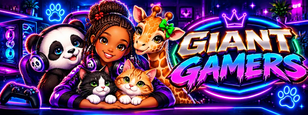 Giant Gamers: the gamer squad, panda, giraffe, Luna and Potato together beside the neon Giant Gamers wordmark.