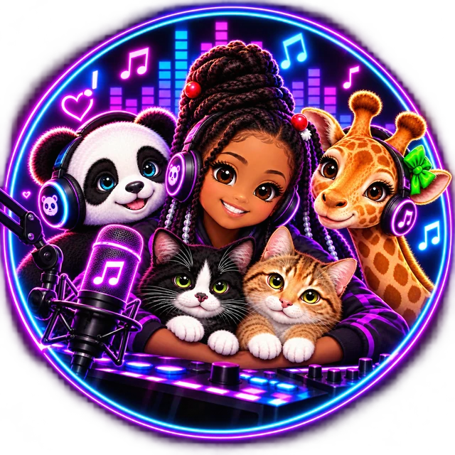 Giant Gamers Radio crew with headphones, a microphone and neon music notes.